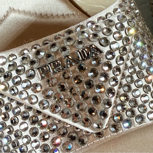 PRADA Modellerie 75MM Crystal Embellished Satin Mules Heels Sandals SZ 38 Blush - Picture 6 of 16